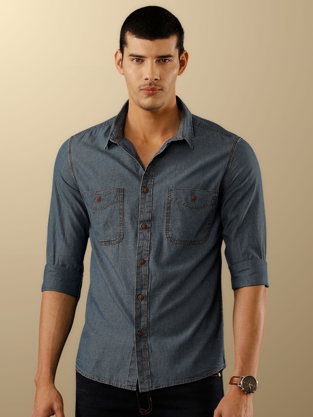 

TEMPLE OF DENIM Men India Slim Cutaway Collar Solid Denim Casual Shirt, Blue
