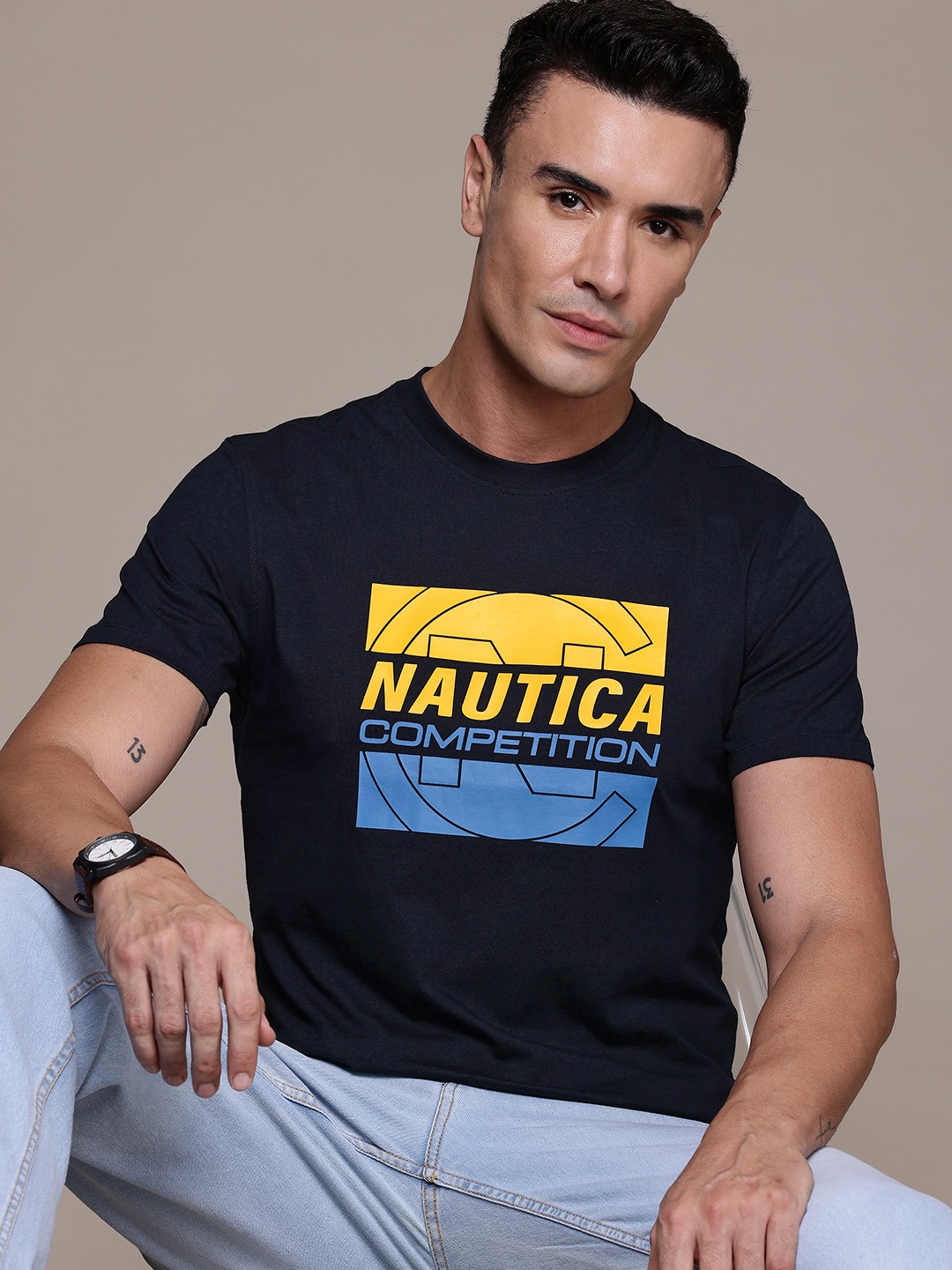 

Nautica Men Brand Logo Printed Pure Cotton T-shirt, Black