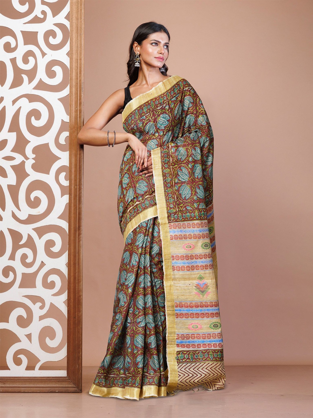 

Unnati Silks Floral Zari Pure Silk Handloom Tussar Saree, Turquoise blue