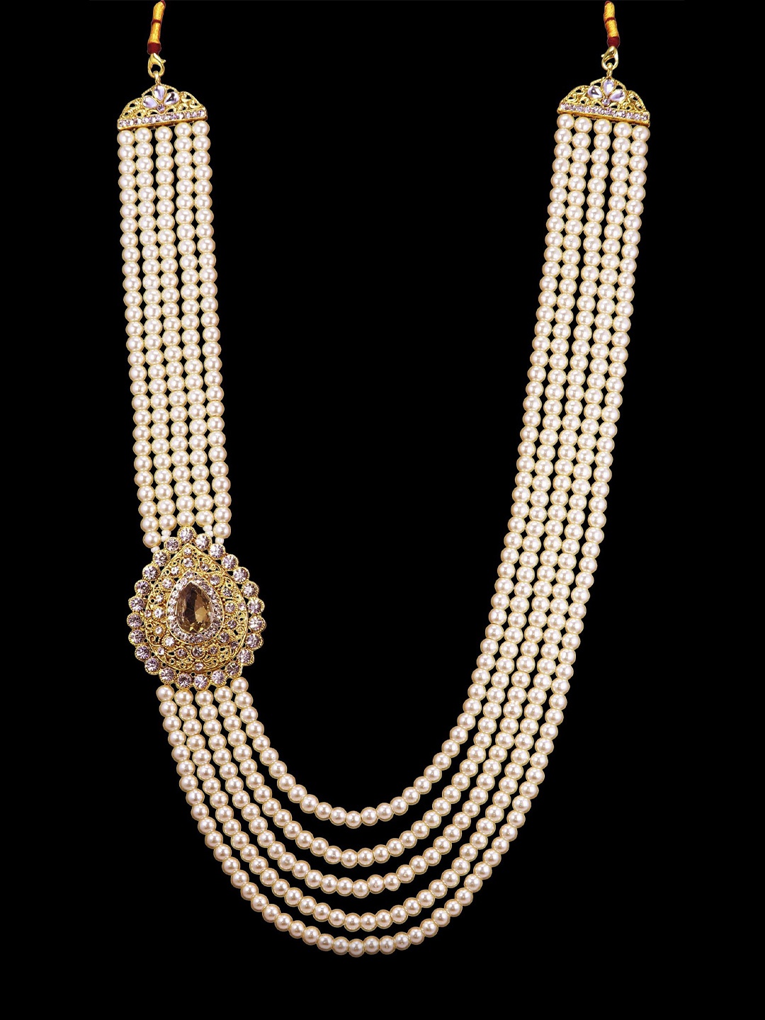 

Radhe Creation Men Gold-Plated Kundan Studded & Pearls Beaded Five Layered Necklace
