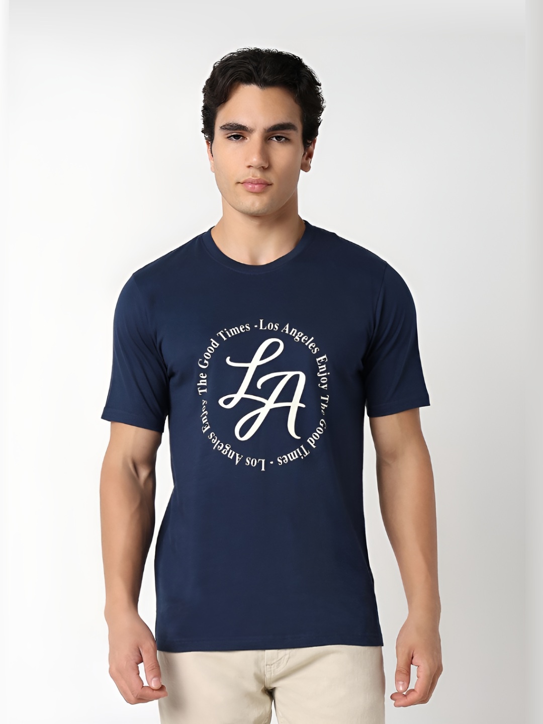 

R&B Men Typography Printed Round Neck Cotton T-shirt, Blue
