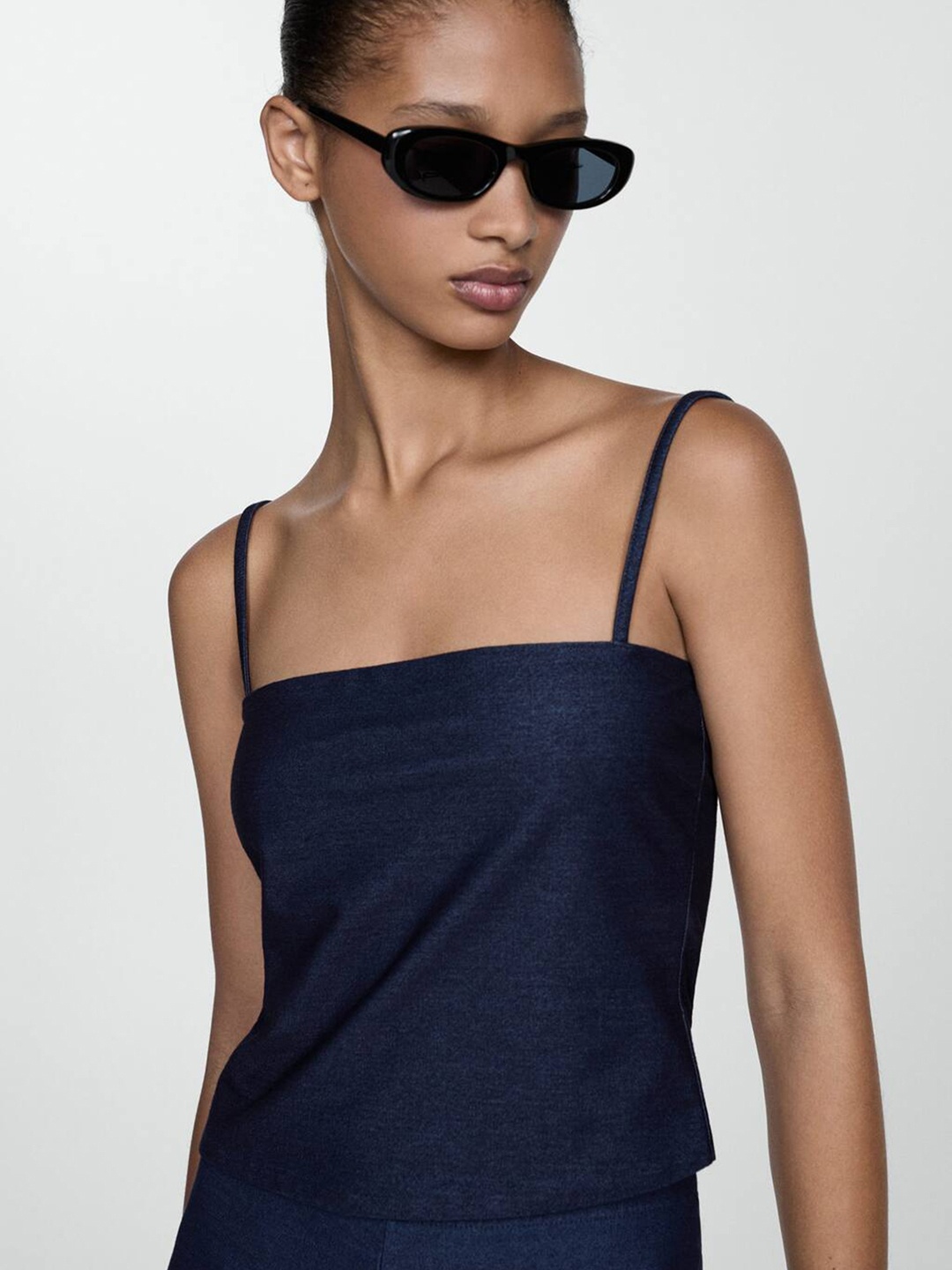 

MANGO Shoulder Straps Chambray Top, Navy blue