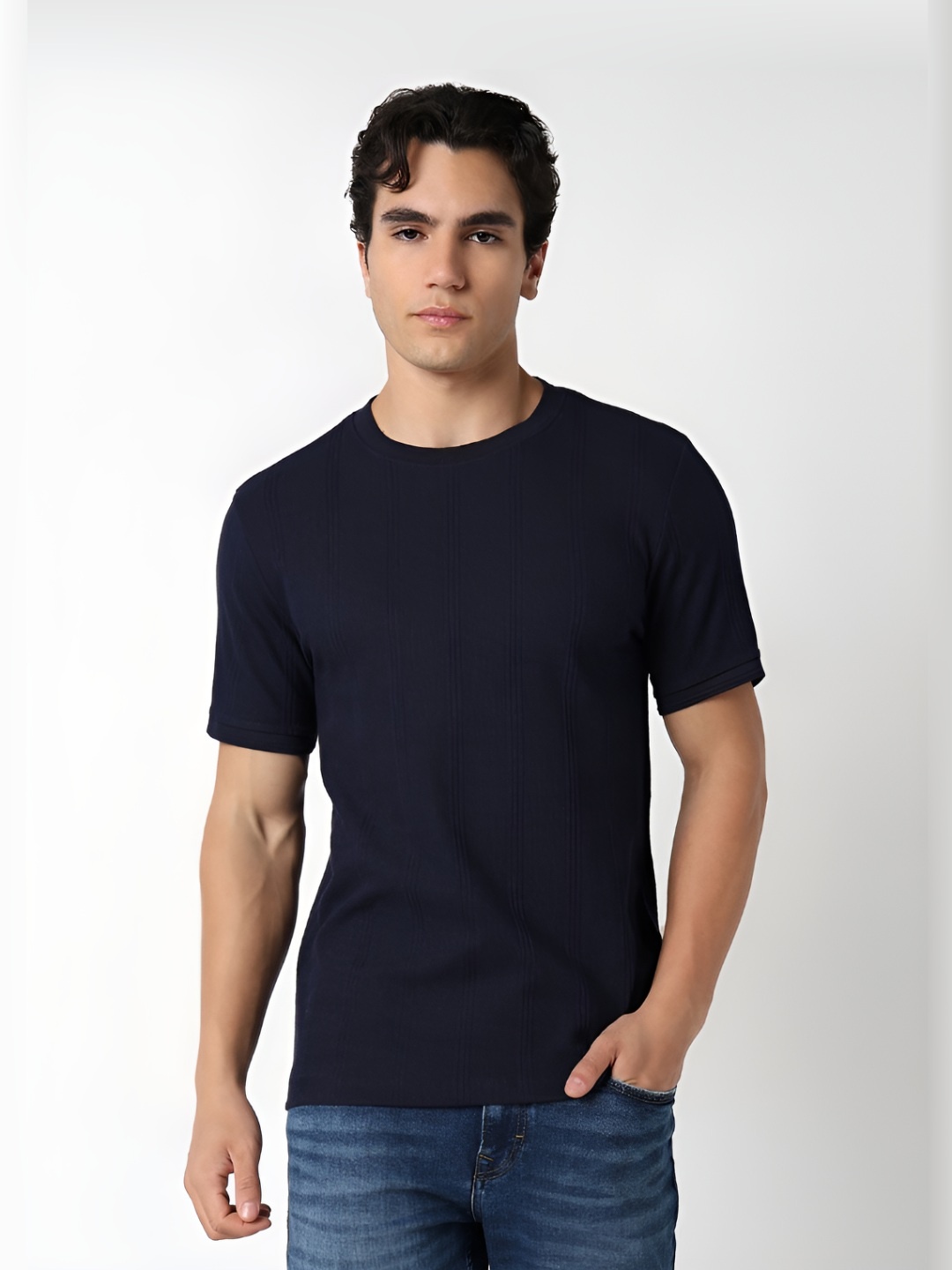 

R&B Men Solid Round Neck Cotton T-shirt, Navy blue