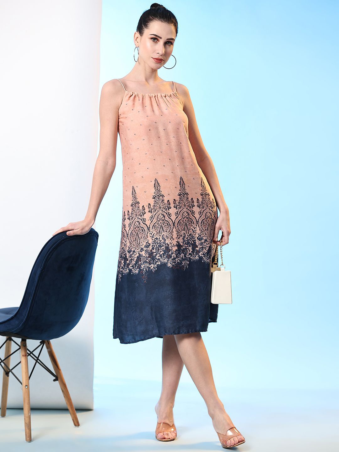 

Pomegal Print A-Line Midi Dress, Peach