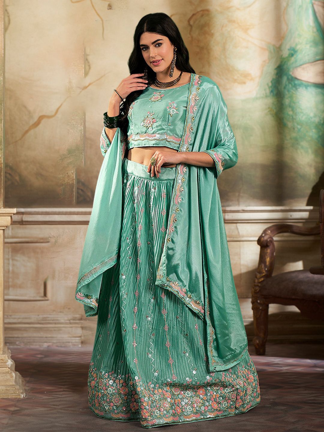

Kvsfab Embroidered Sequinned Semi-Stitched Lehenga & Blouse With Dupatta, Turquoise blue
