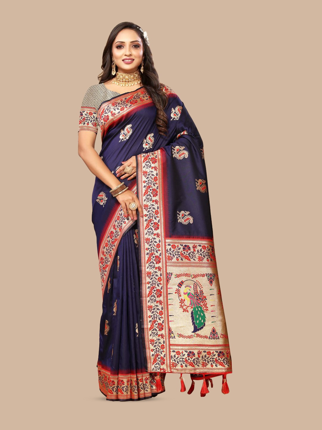 

MOKSHA DESIGNS Ethnic Motifs Woven Design Zari Pure Silk Paithani Saree, Navy blue