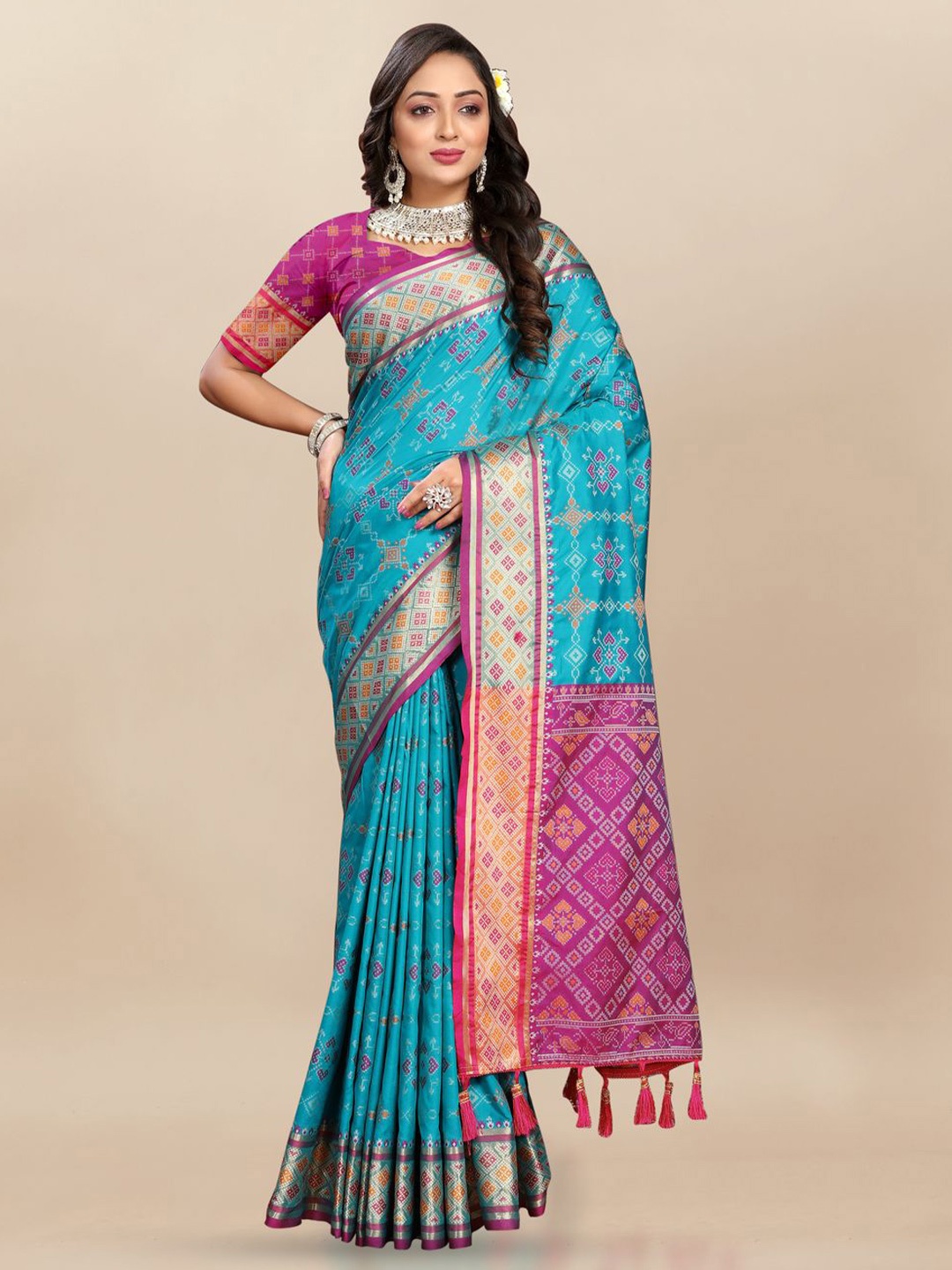 

MOKSHA DESIGNS Ethnic Motifs Zari Pure Silk Paithani Saree, Blue