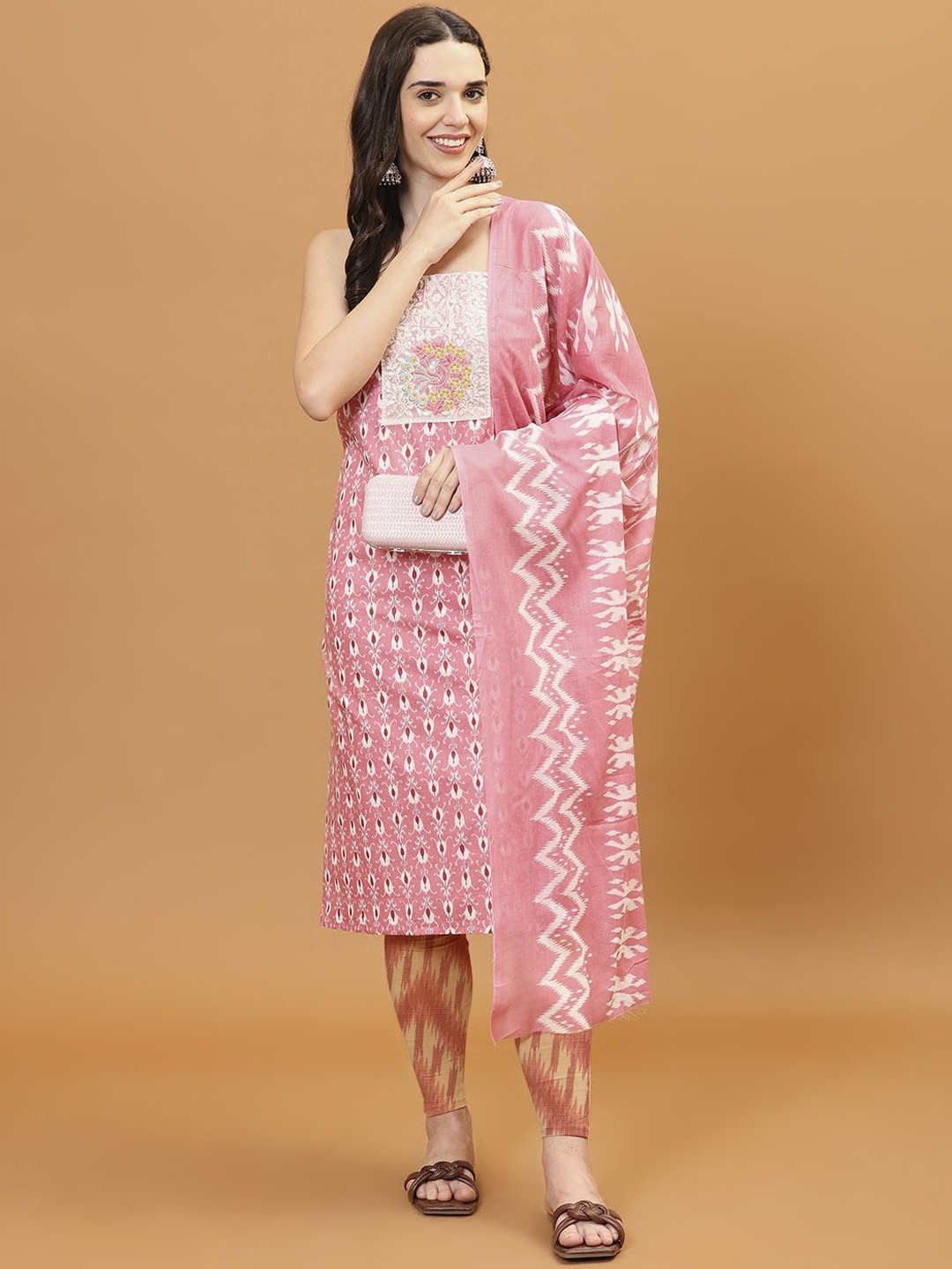 

Meena Bazaar Ethnic Motifs Printed Unstitched Dress Material, Pink