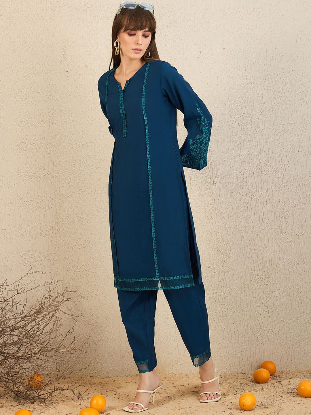 

Indo Era Ethnic Motifs Embroidered Thread Work Kurta With Trousers, Teal