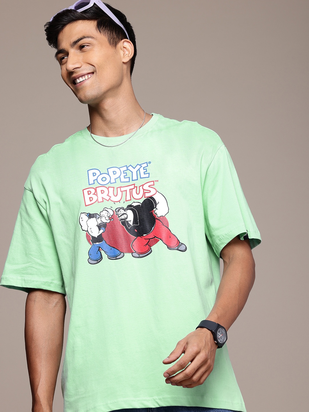 

WROGN X POPEYE Printed Oversized Drop-Shoulder Sleeves Pure Cotton T-shirt, Green