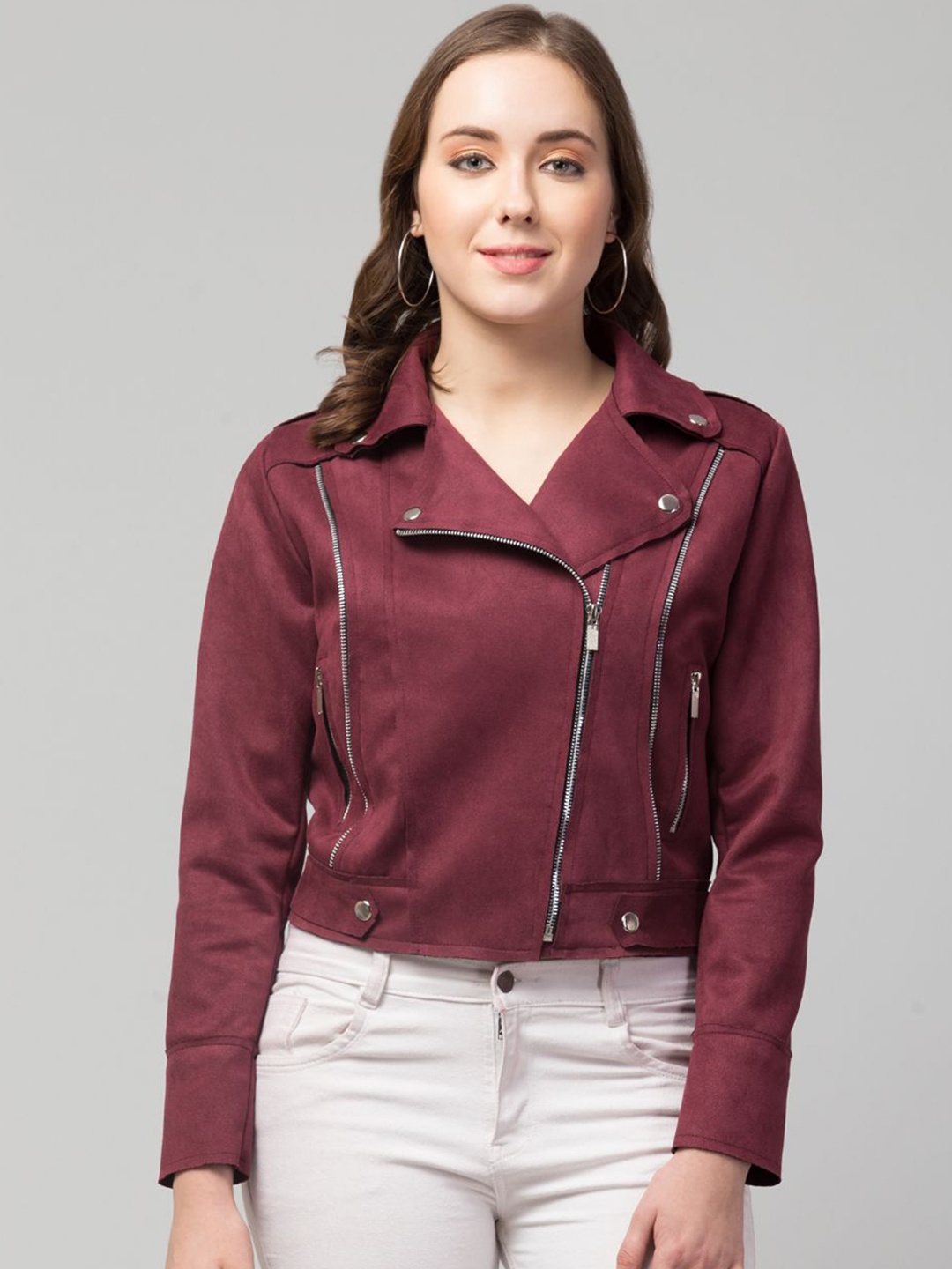 

GalaxyTrendz Women Suede Windcheater Crop Tailored Jacket, Red