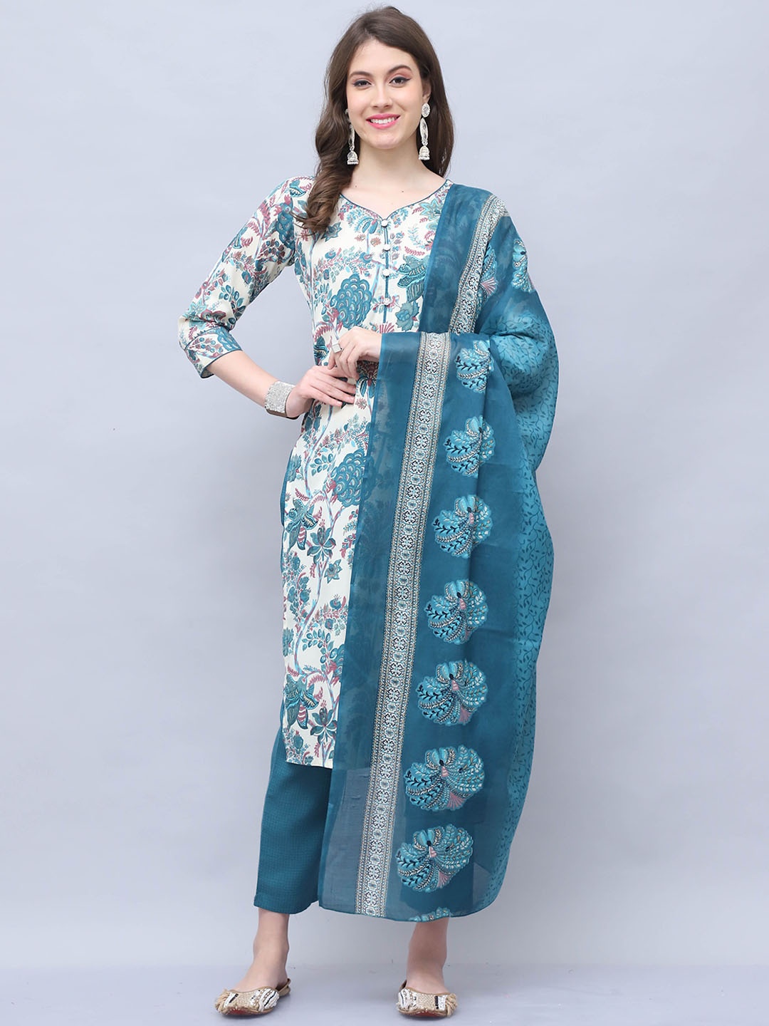 

Rajnandini Floral Printed Regular Straight Kurta with Trousers & Dupatta, Off white