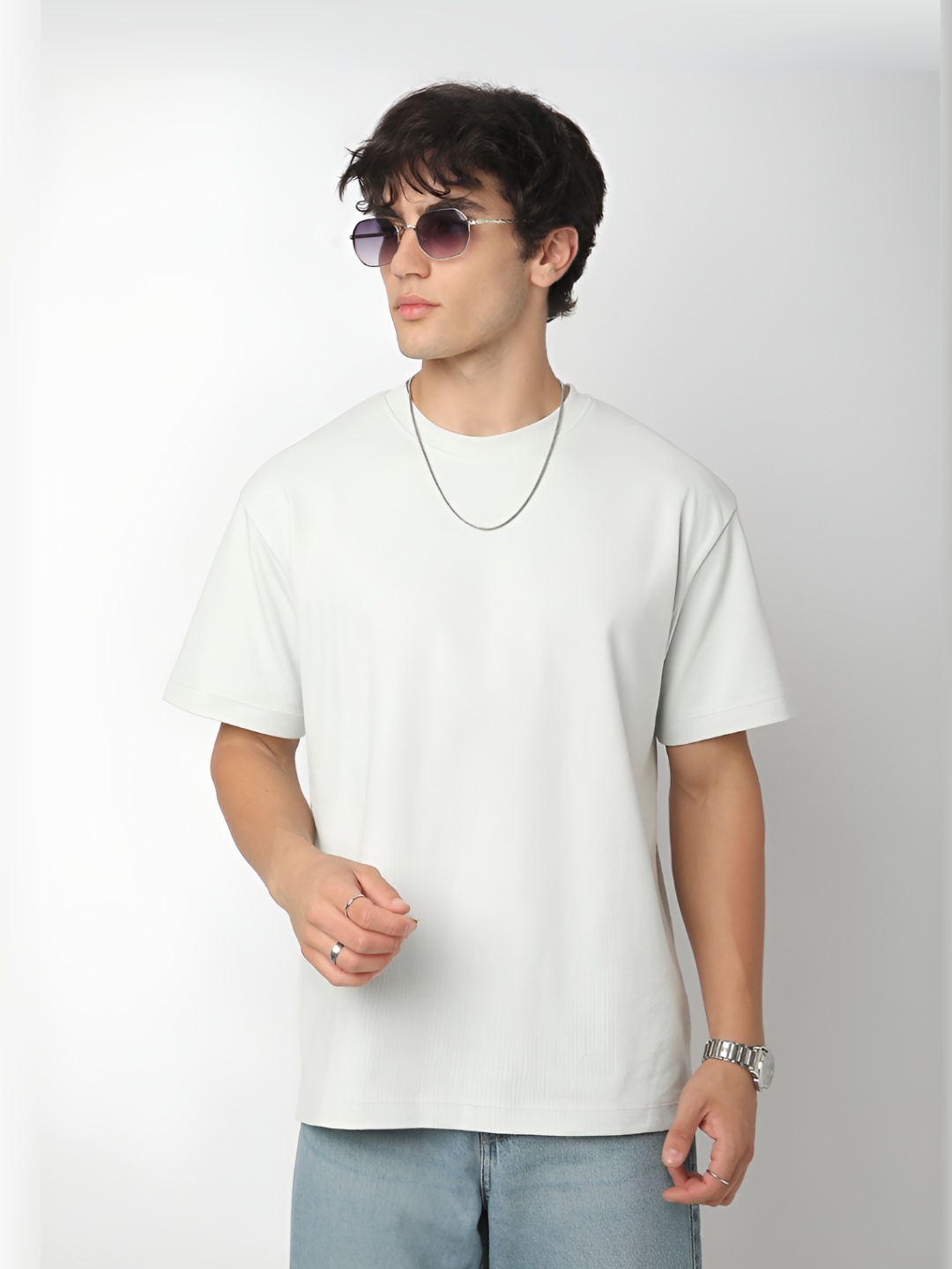 

R&B Men Solid Round Neck Cotton T-shirt, White