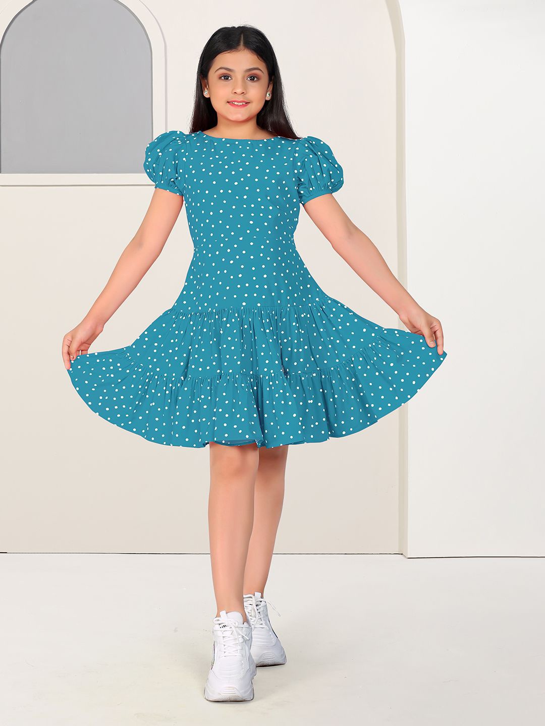 

BAESD Polka Dot Print Puff Sleeve Fit & Flare Dress, Blue