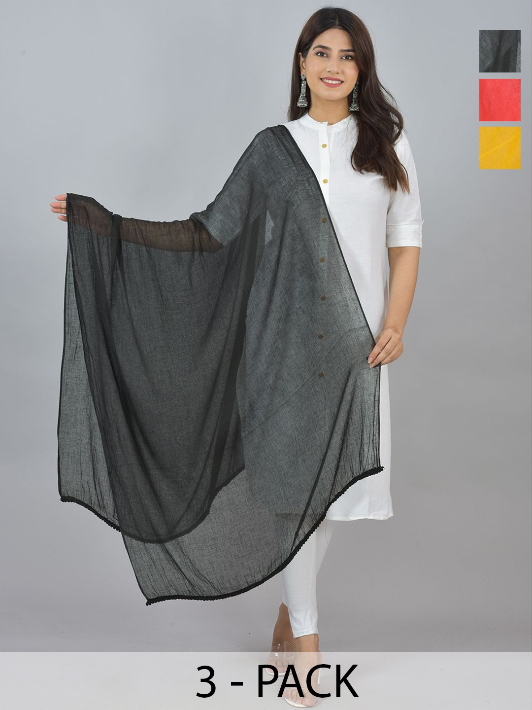 

LA FEMINAE Pack Of 3 Pure Cotton Dupatta, Yellow