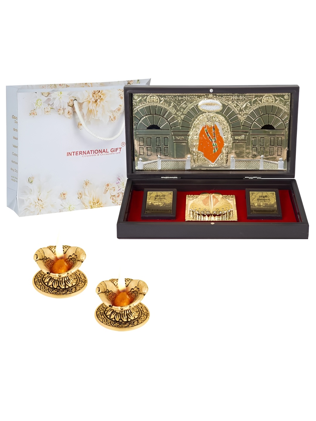 

INTERNATIONAL GIFT Gold-Toned Sai Baba Charan Paduka Box with 2 Hand Diya