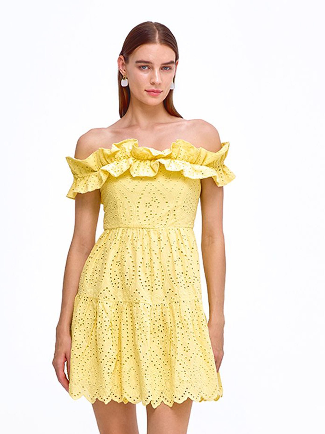 

COVER STORY Off-Shoulder Cold-Shoulder Fit & Flare Mini Dress, Yellow