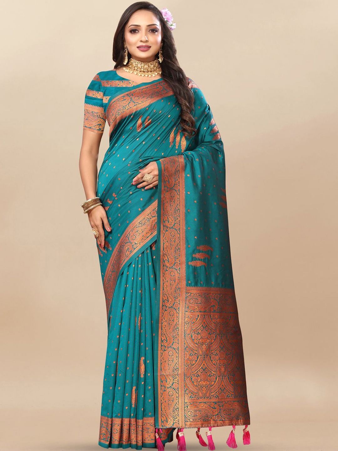 

MOKSHA DESIGNS Ethnic Motifs Zari Pure Silk Banarasi Saree, Green