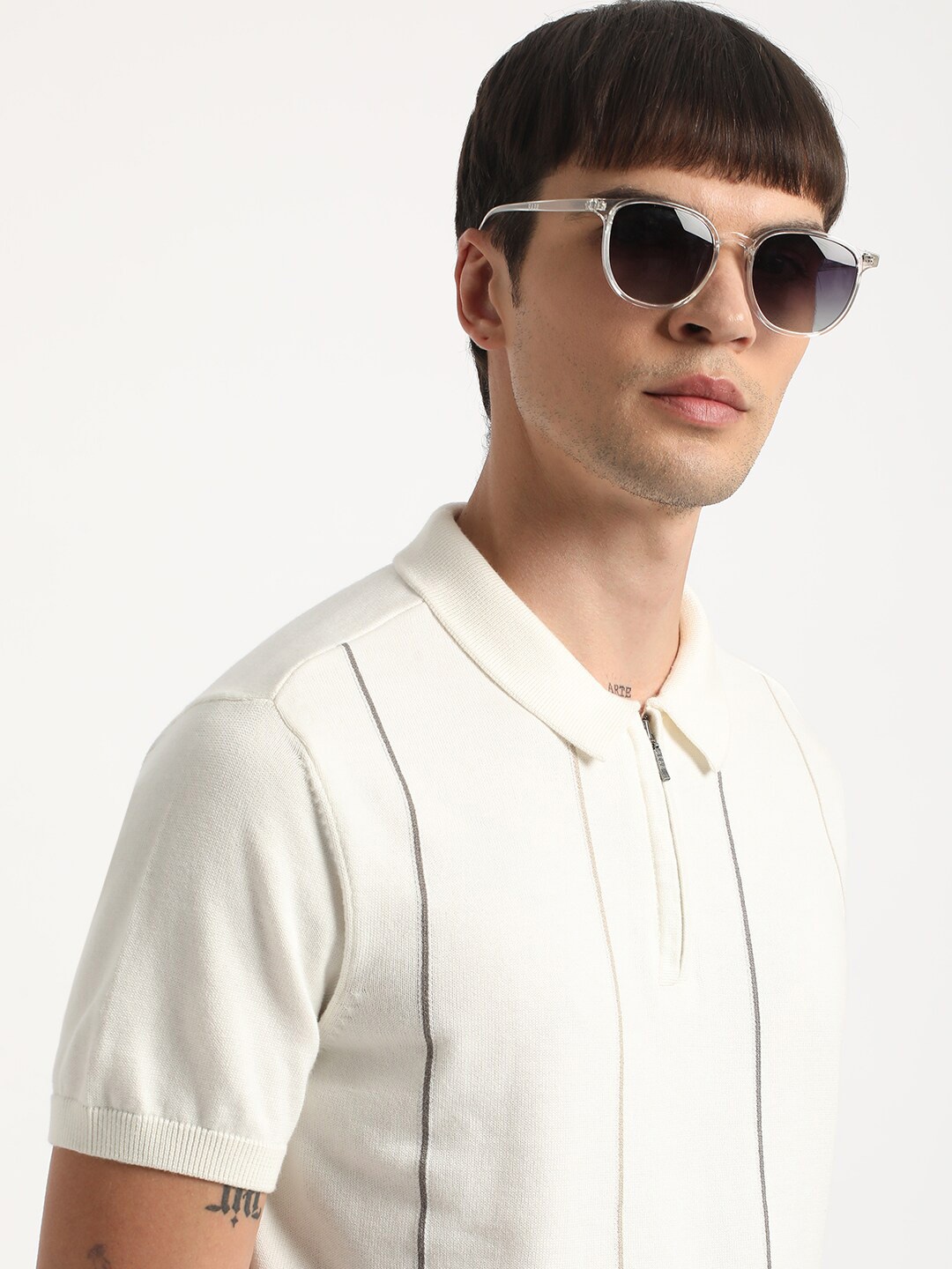 

THE BEAR HOUSE Striped Relaxed Fit Cotton Polo Collar T-shirt, White
