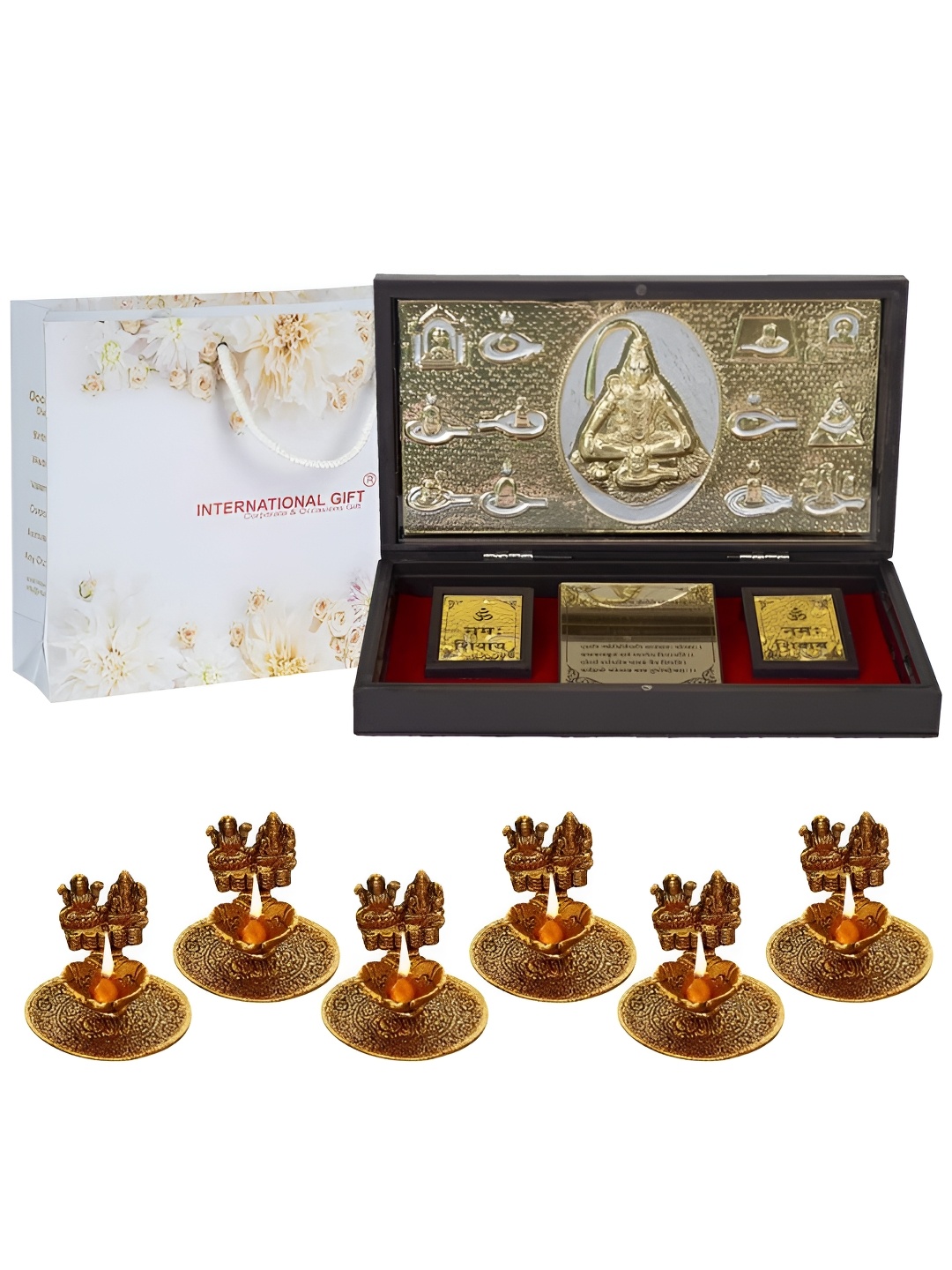 

INTERNATIONAL GIFT Gold-Toned Religious Lord Shiv Charan Paduka Showpiece with 6 Diya