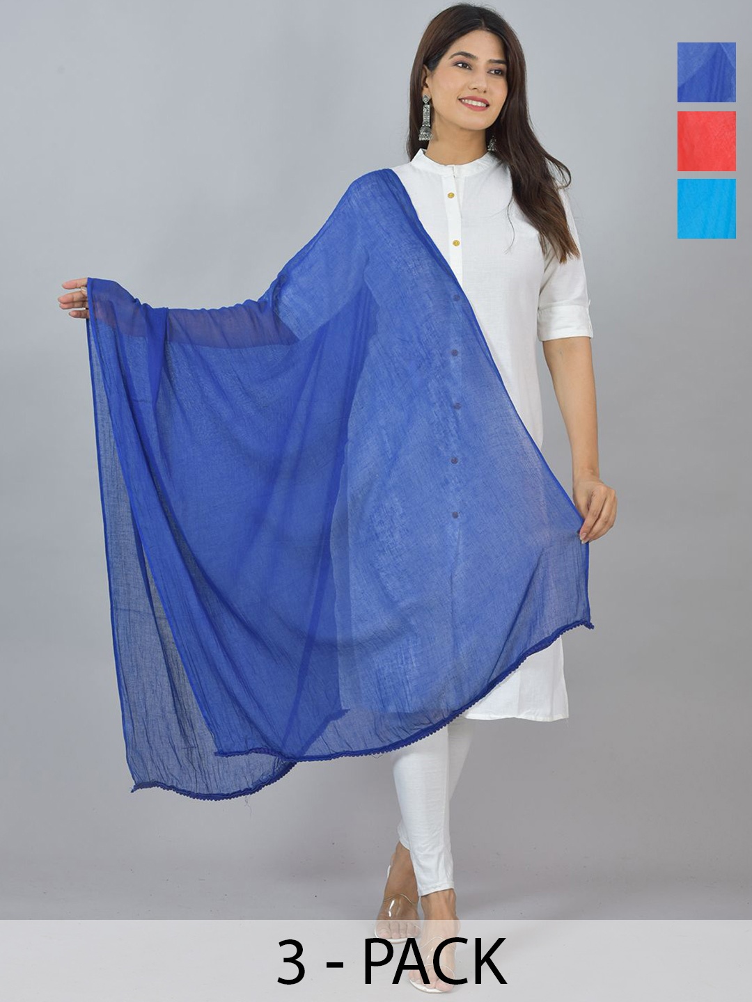 

LA FEMINAE Pack Of 3 Pure Cotton Dupattas, Turquoise blue