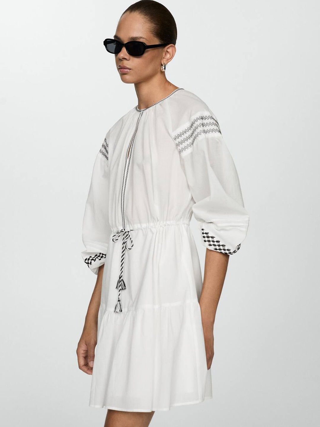 

MANGO Puff Sleeve Pure Cotton Waisted A-Line Dress, White