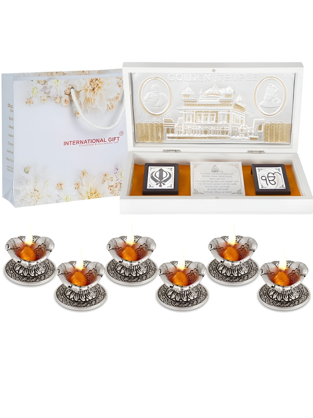 

INTERNATIONAL GIFT Silver-Toned Golden Temple Frame Message Box with 6 Diya