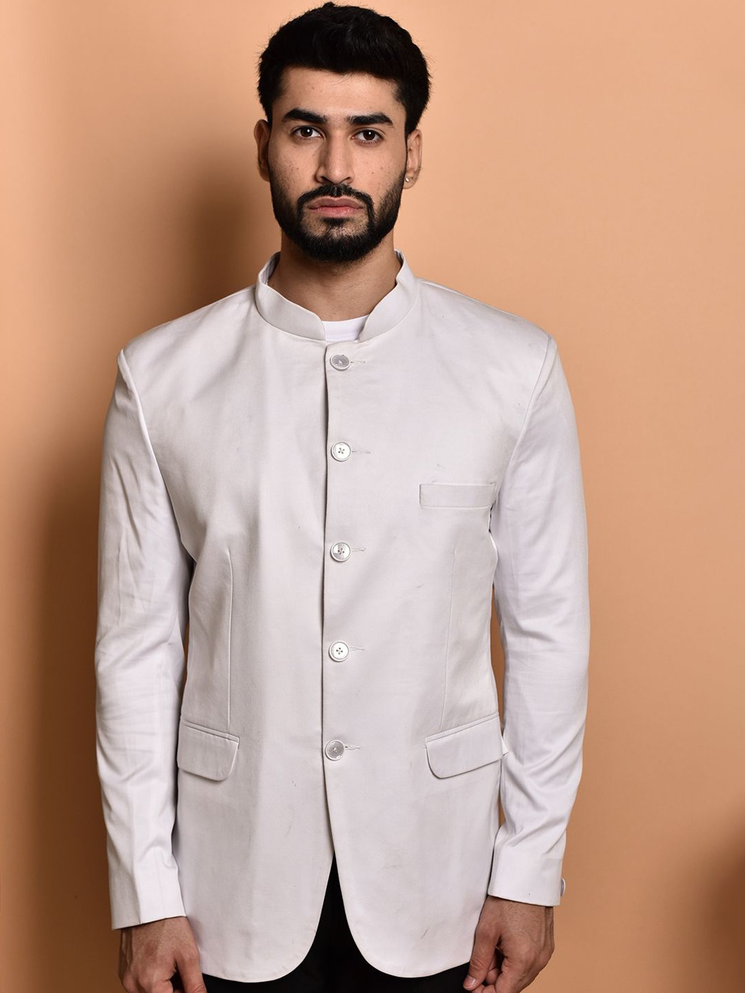 

PRINTCULTR Mandarin Collar Bandhgala Casual Blazer, White