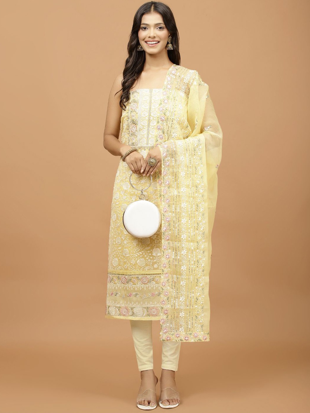 

Meena Bazaar Floral Embroidered Organza Unstitched Dress Material, Yellow