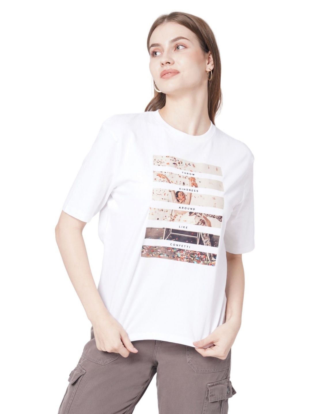 

Kraus Jeans Women Graphic Printed Round Neck Cotton T-shirt, White