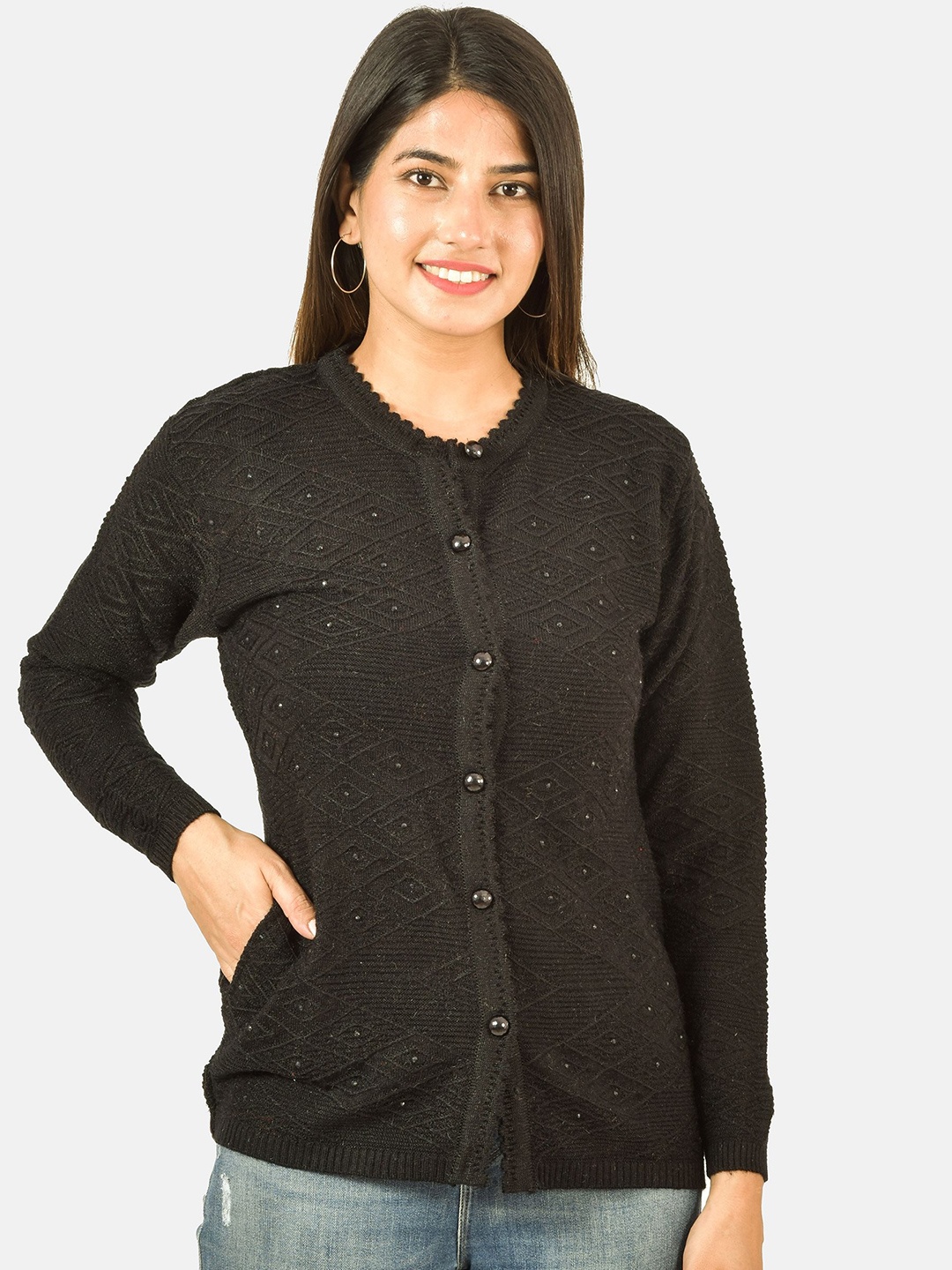 

BAISA Women Printed Cardigan with Embellished Detail, Black