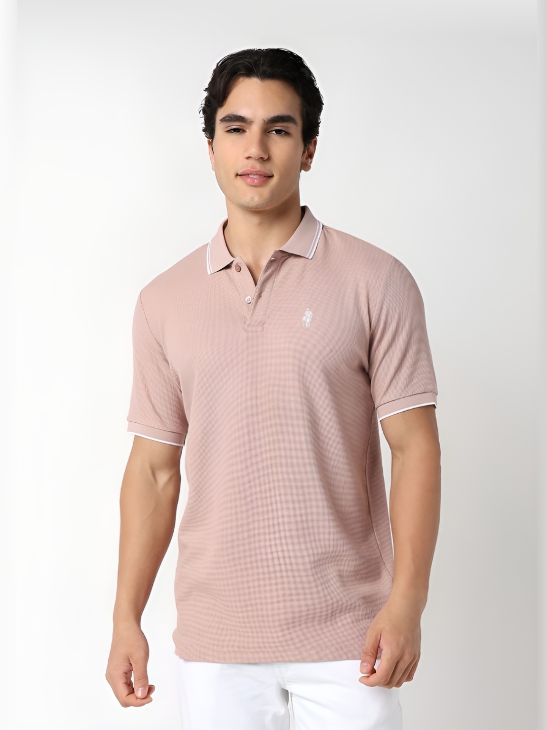 

R&B Men Solid Polo Collar Cotton T-shirt, Pink