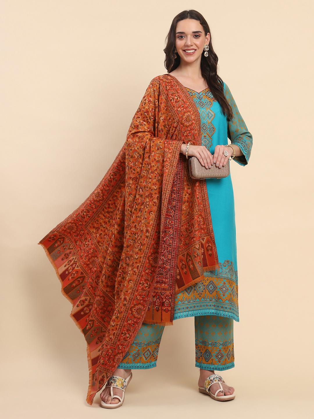 

La Vastraa Women Floral Woven Design Shawl, Mustard