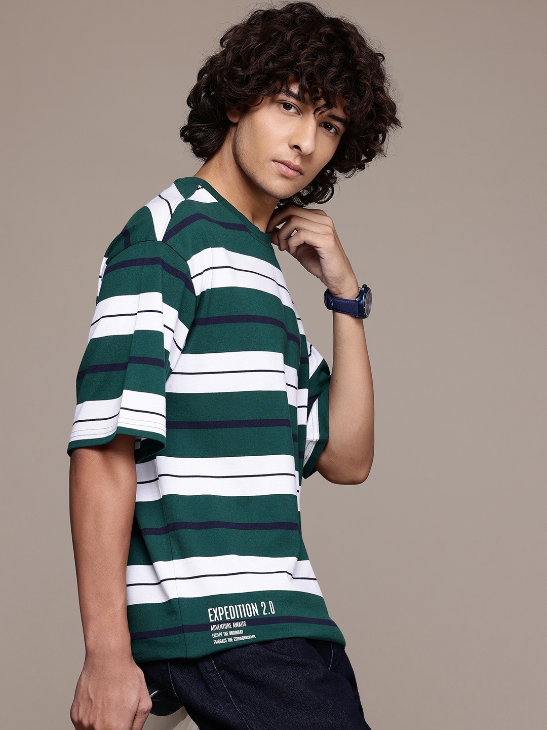

The Roadster Lifestyle Co. Men Striped Relaxed Fit T-shirt, Green