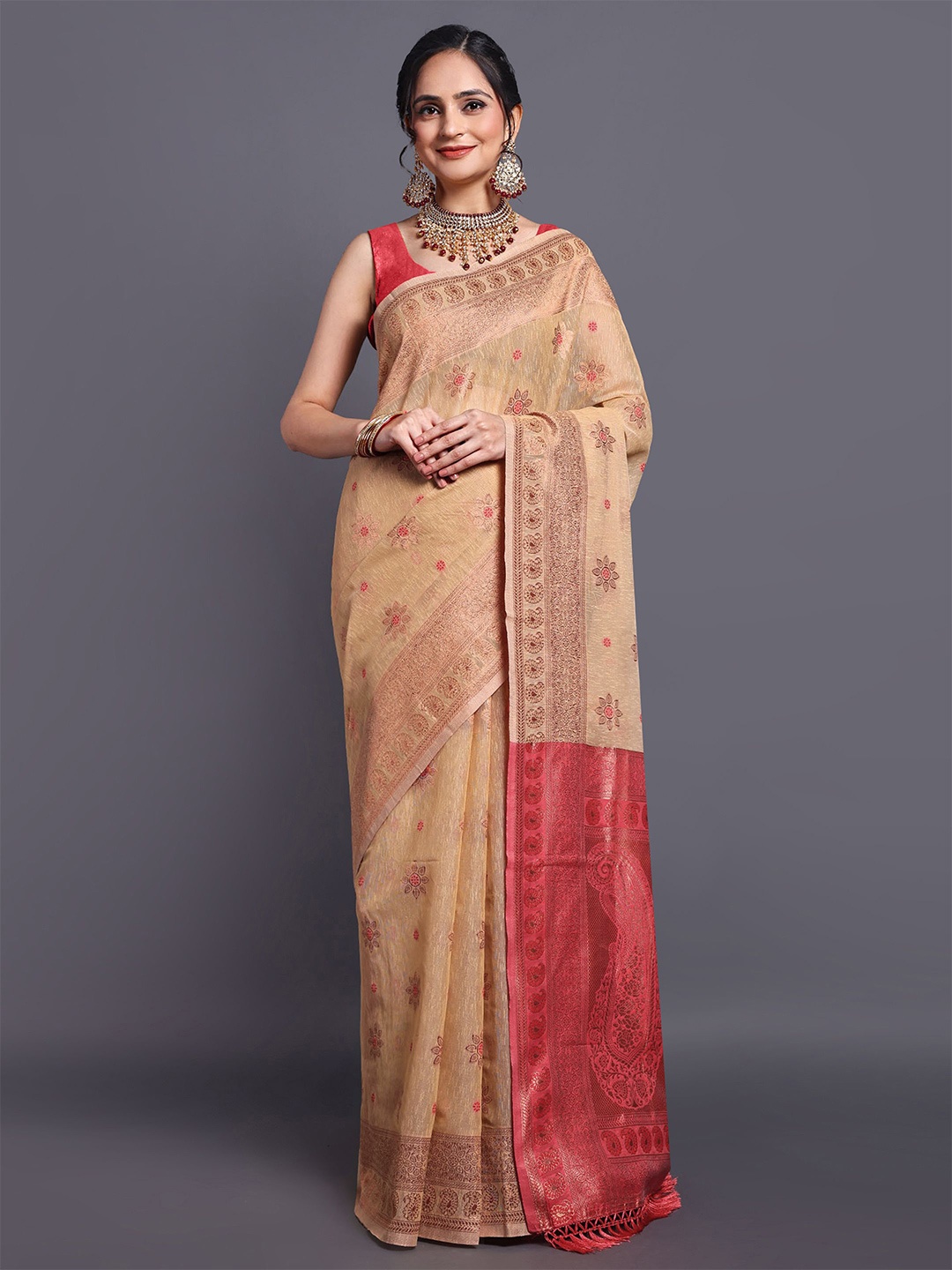 

SWAMI STUDIO Floral Zari Pure Cotton Kanjeevaram Saree, Cream
