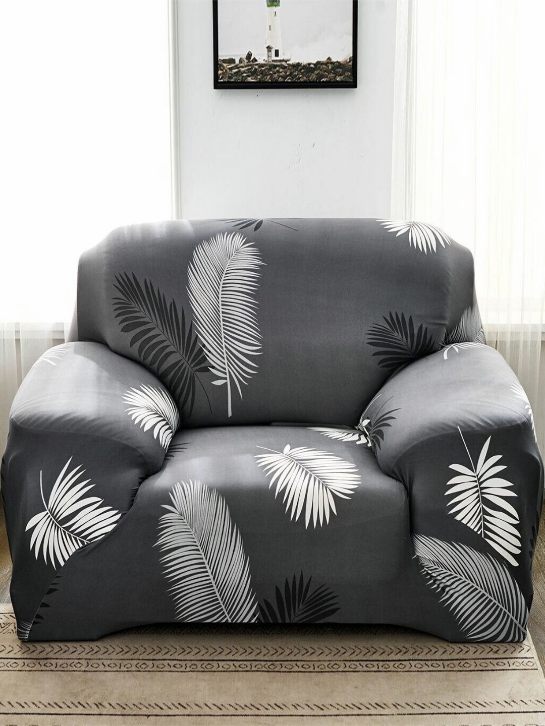 

B BESTILO Grey & White Floral Printed Sofa Cover With Arms