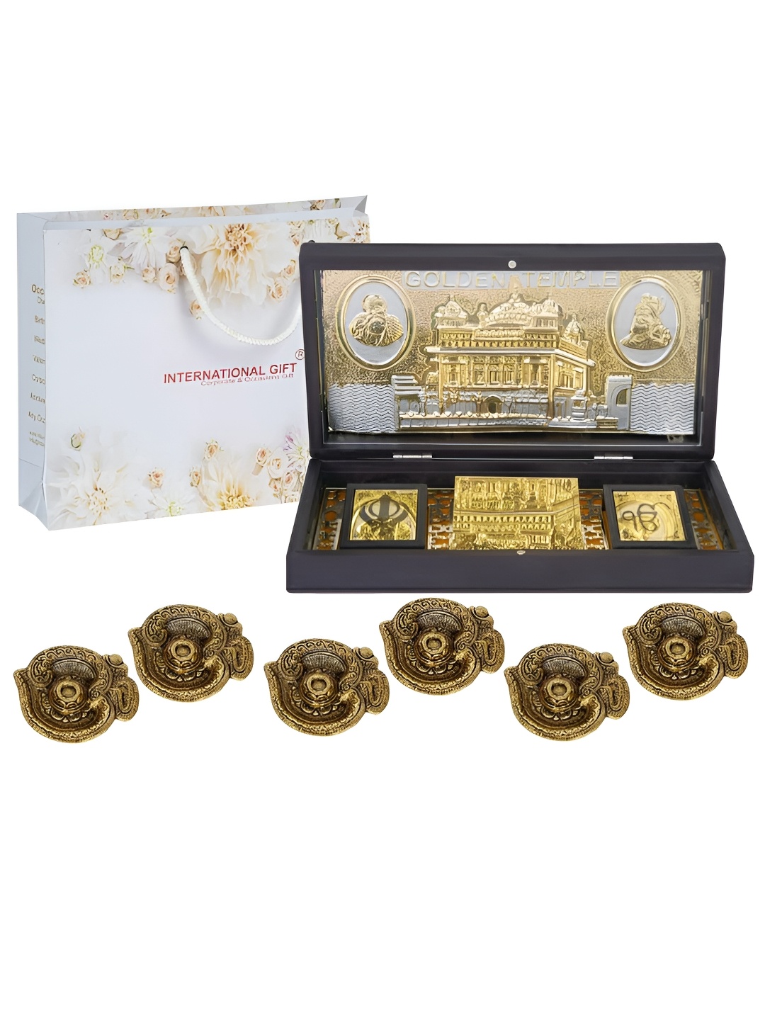 

INTERNATIONAL GIFT Gold-Toned Religious Golden Temple Message Box Showpiece with 6 Diya