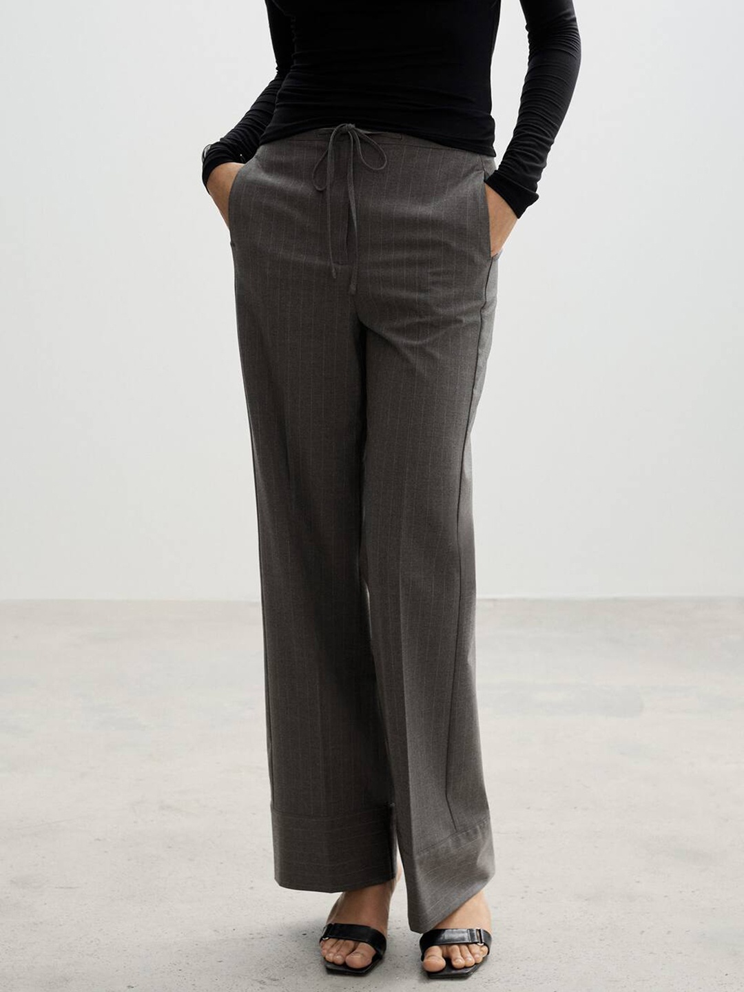 

MANGO Women Pinstriped Straight Fit Trousers, Grey