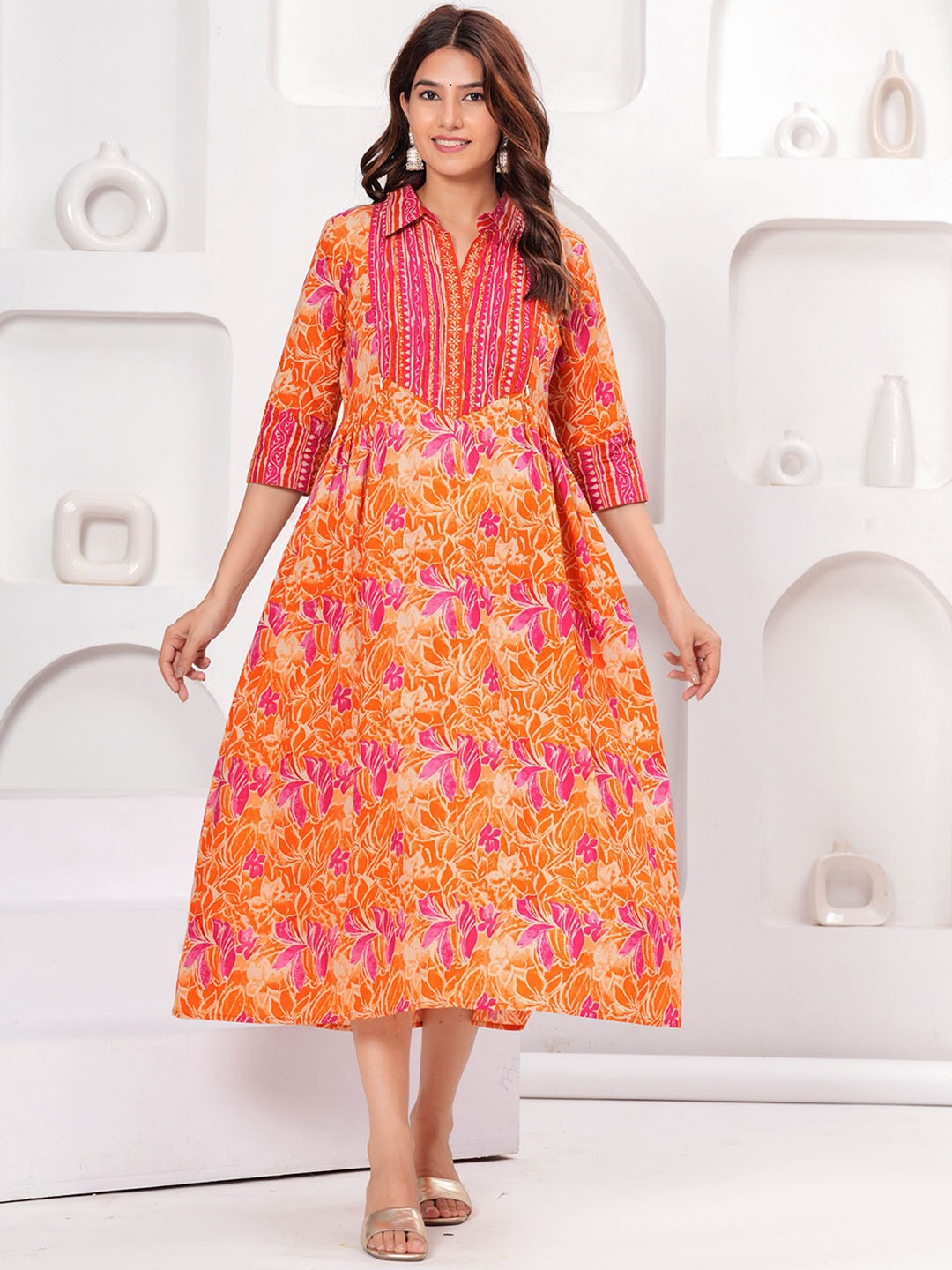 

Meeranshi Women Printed Maternity & Feeding Midi Ethnic Dresses, Orange