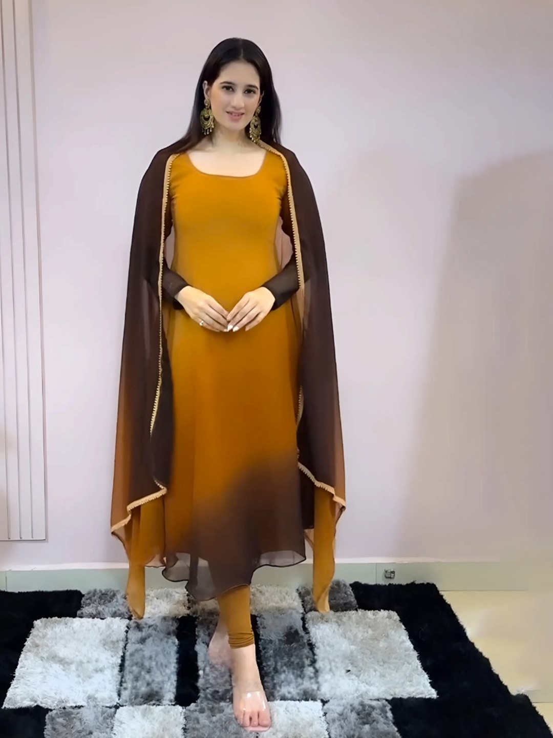 

N N ENTERPRISE Ombre Dyed Georgette Anarkali Kurta with Leggings & Dupatta, Yellow