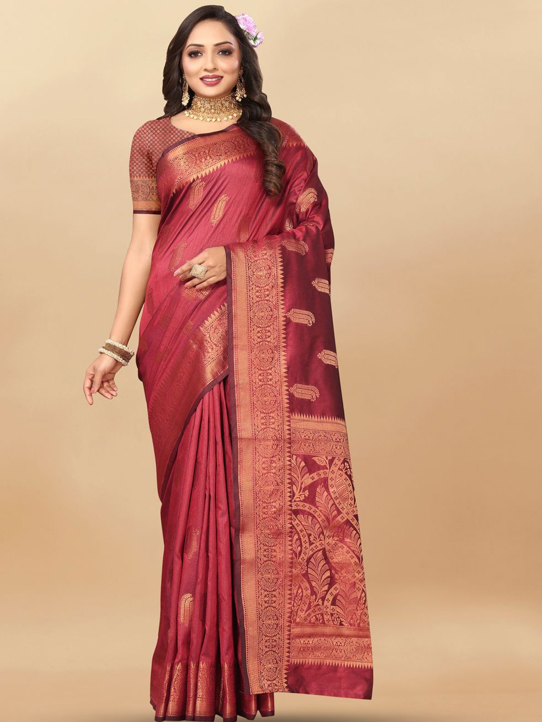 

MOKSHA DESIGNS Ethnic Motifs Zari Pure Silk Kanjeevaram Saree, Maroon