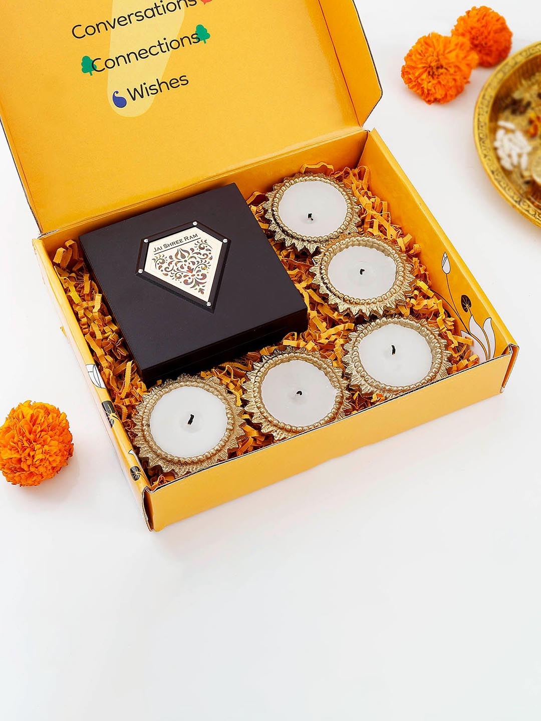 

IGP Ram Laxman Sita Hanuman - Charan Paduka Box With Candles, Yellow