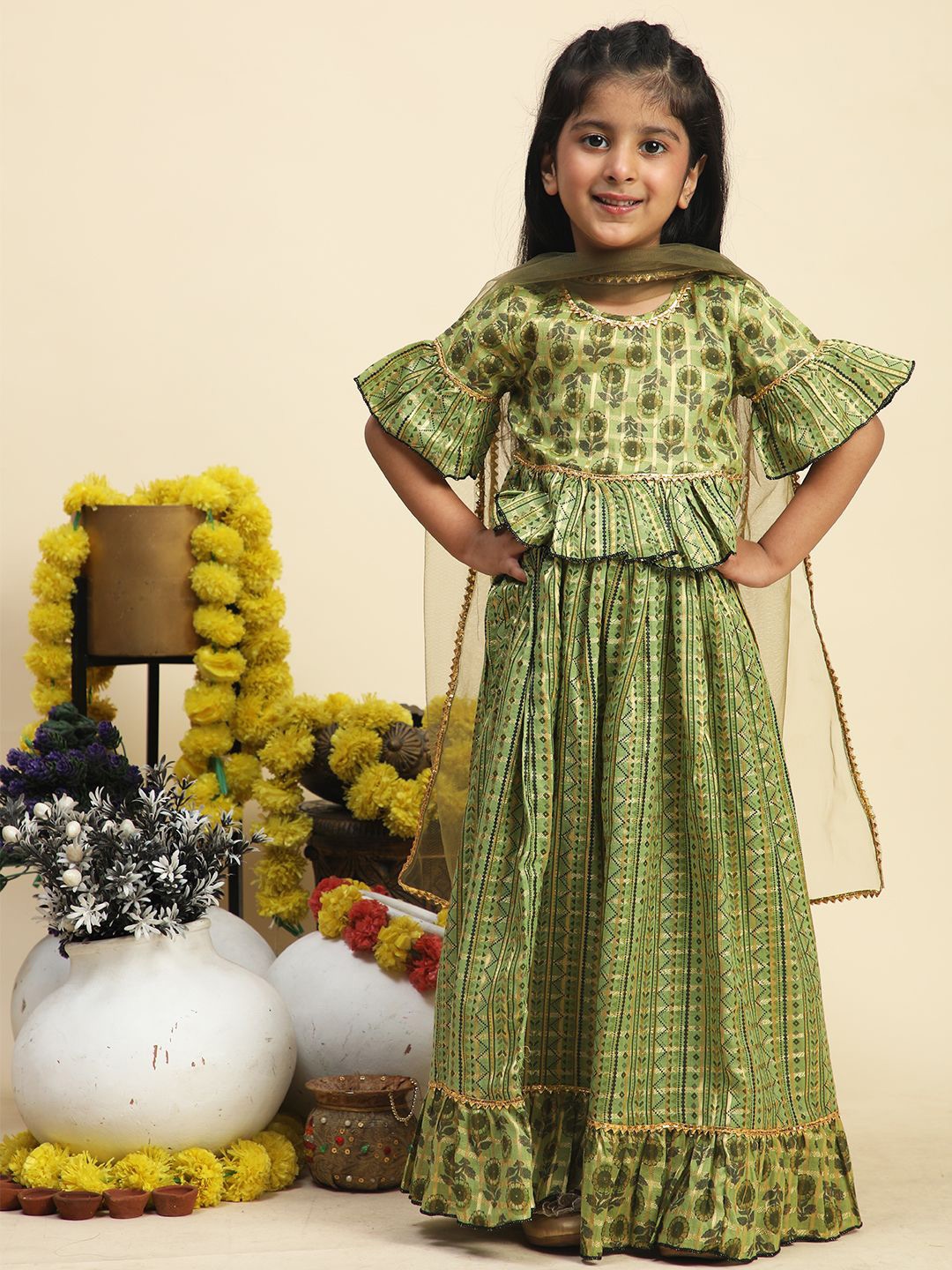 

Cutiekins Girls Printed Ready to Wear Lehenga & Blouse With Dupatta, Olive