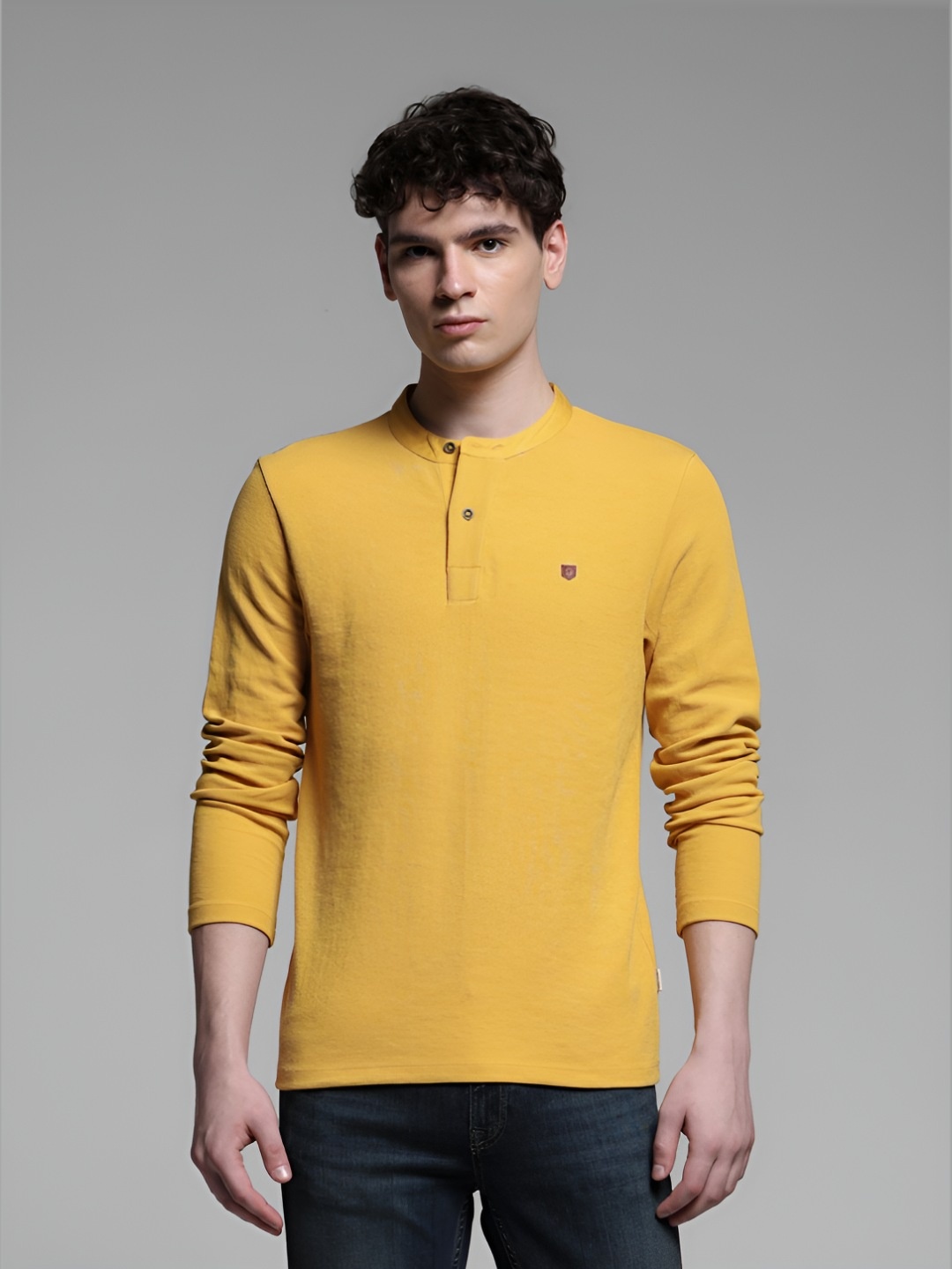 

Jack & Jones Men Solid Henley Neck Cotton T-shirt, Yellow