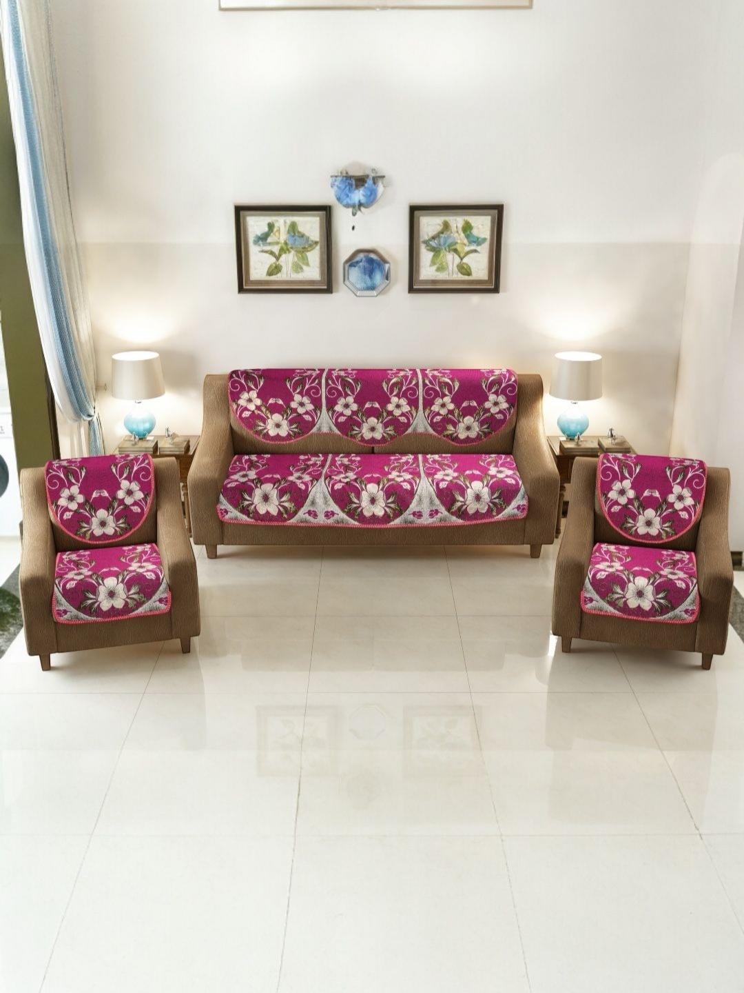 

BIGGER FISH Pink Self Design 10 Pieces Cotton Sofa Cover With Arms