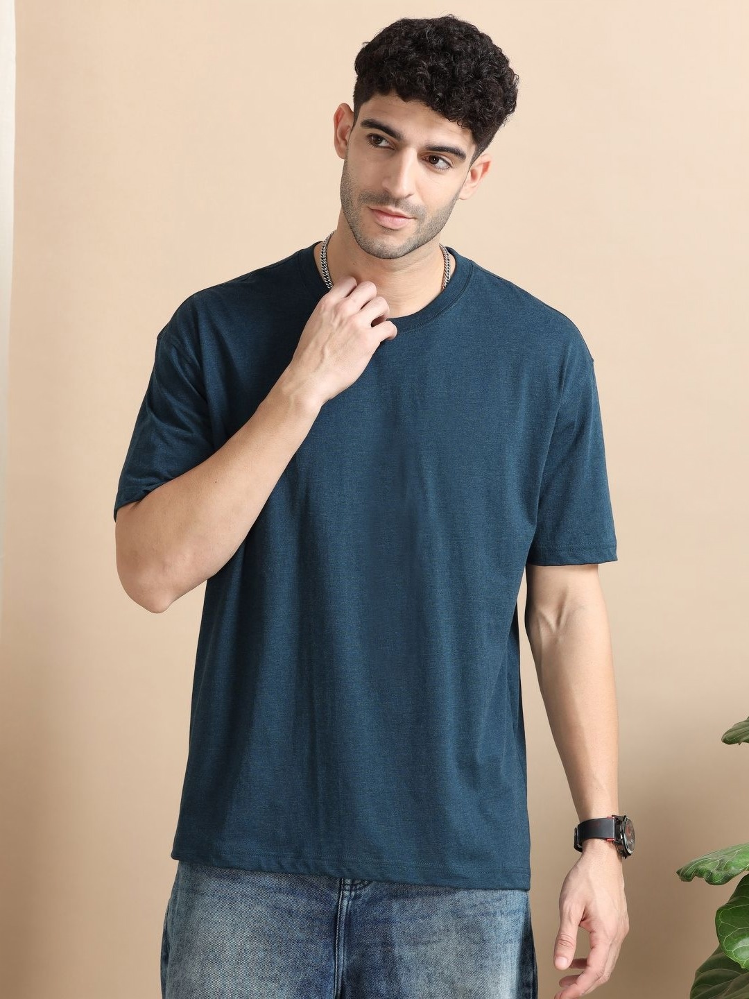 

Dogi Verg Men Solid Round Neck Cotton Oversized T-shirt, Blue