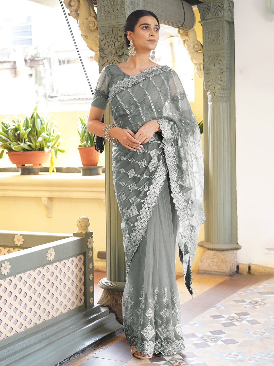 

Subham Embellished Embroidered Net Saree, Grey