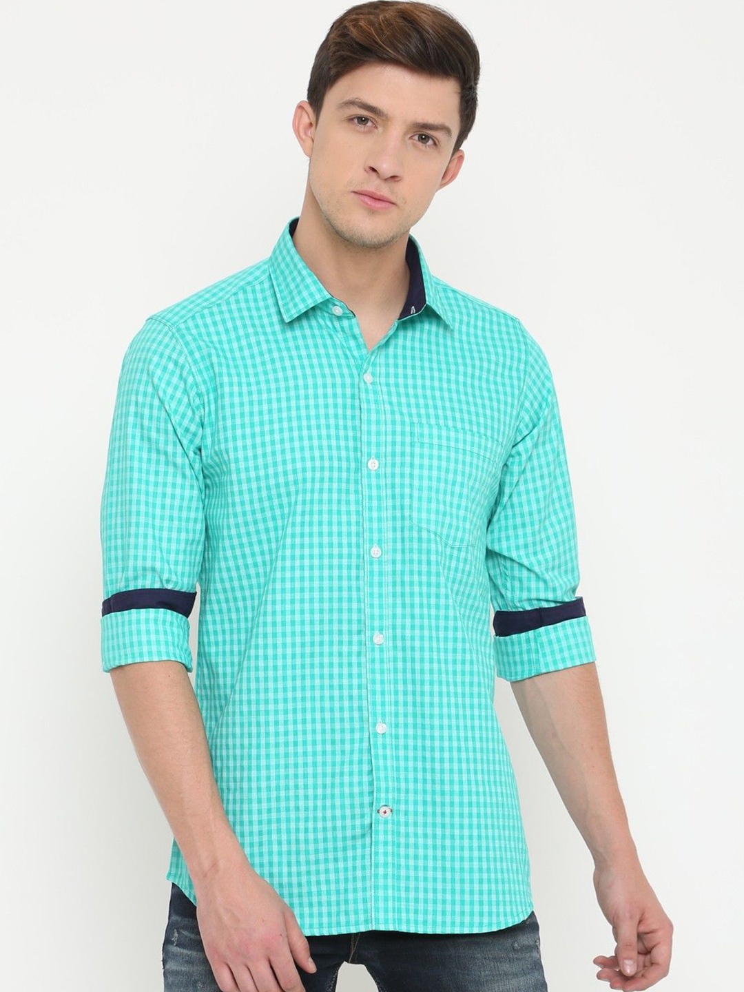 

Cross Court Men Slim Fit Gingham Checks Opaque Checked Casual Shirt, Green