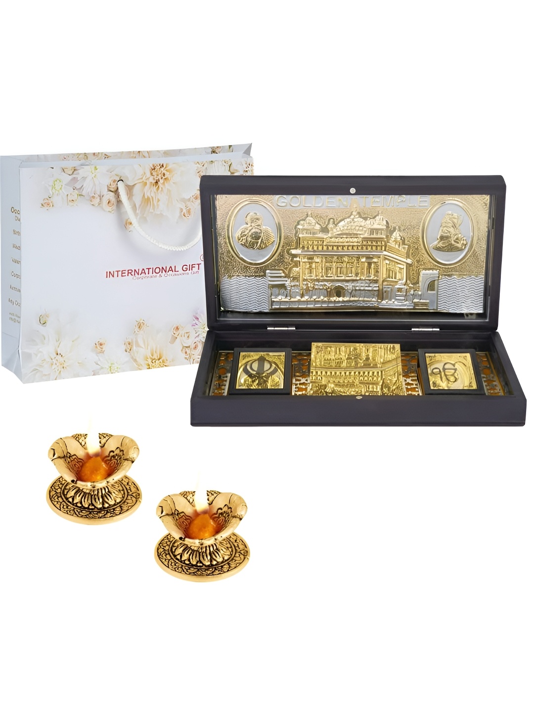 

INTERNATIONAL GIFT Gold-Toned Religious Golden Temple Message Box Showpiece with 2 Diya