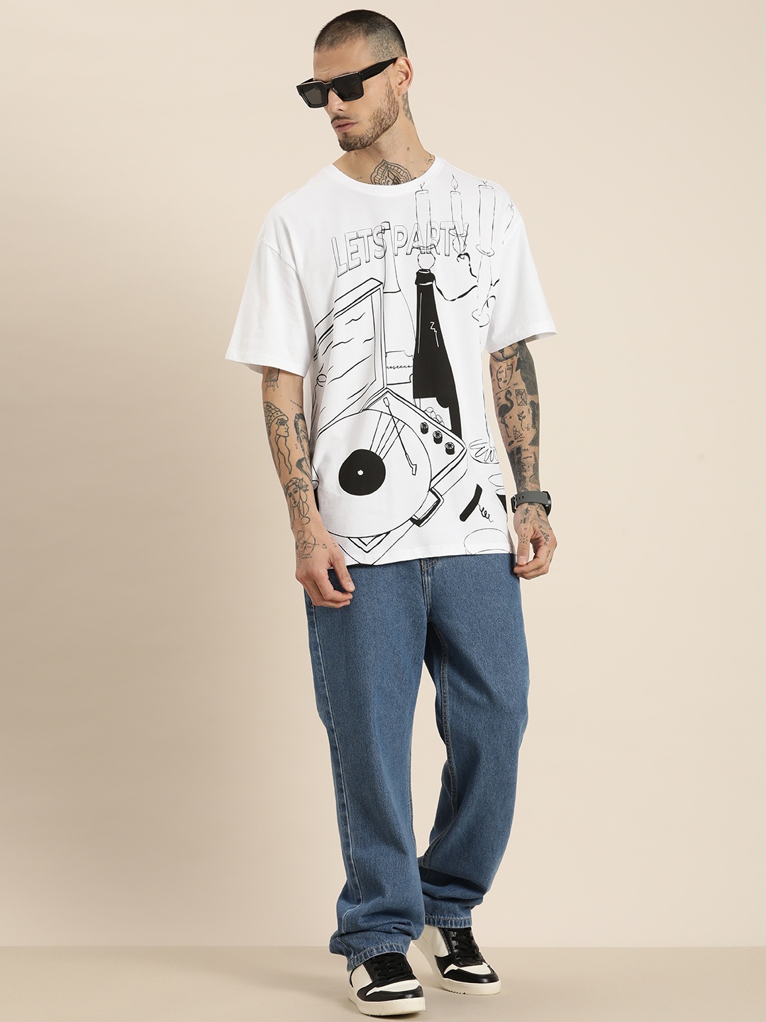 

HERE&NOW Printed Drop-Shoulder Sleeves Pure Cotton T-shirt, White